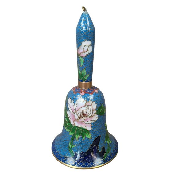 Vintage 6" Cloisonne Enamel Hand Bell Blue with Colored Flowers Brass Trim